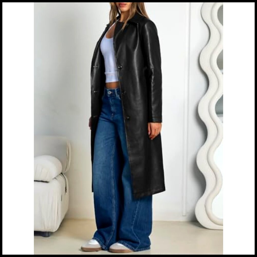 Faux Leather Trench Coat Classic Elegant Open Front Belted Long Jacket - Picture 3 of 6